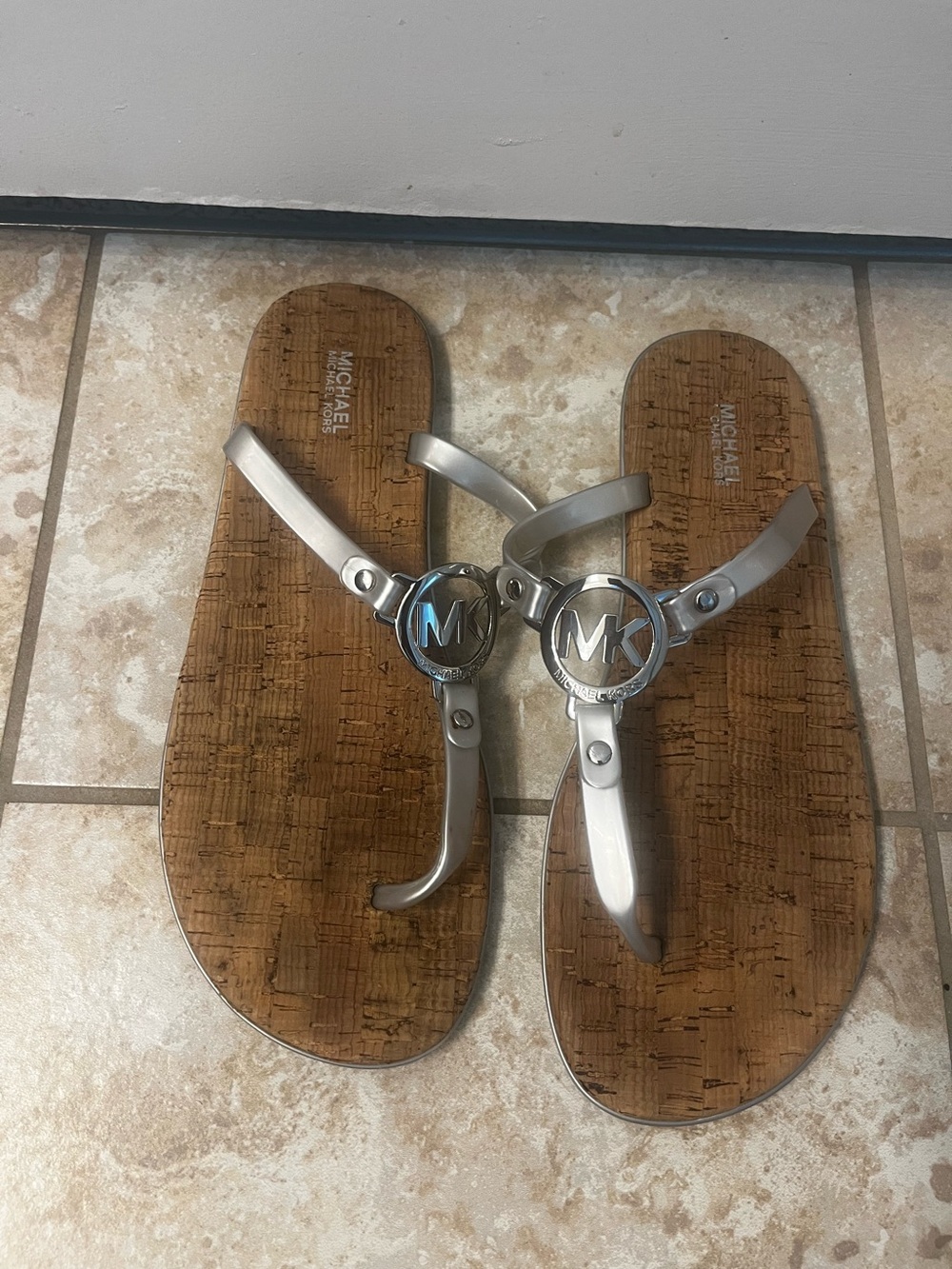 Michael Kors Silver MK Logo Cork-Effect Thong Sandals - Women's